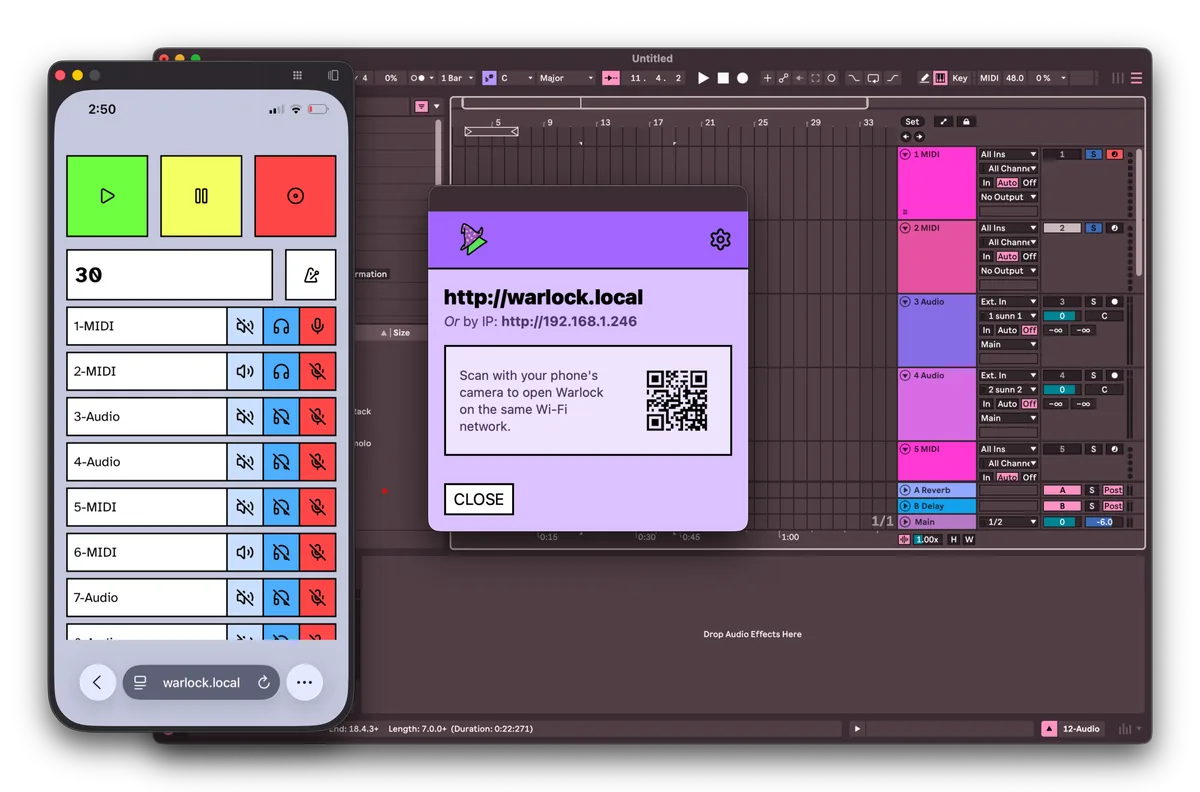 Warlock's phone remote with transport, tempo and per-track mute, solo and arm controls, beside Ableton Live showing the QR code to connect.